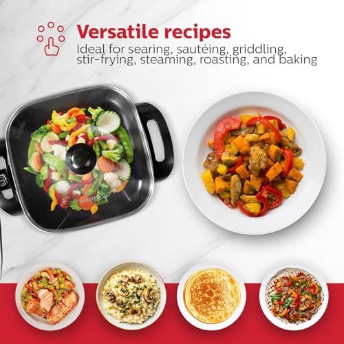 Image of VBM Multi-Functional Electric Hot Pot Skillet with Vented Glass Lid Frying Pan Nonstick Cooking Sauteing, Simmering and Braising 1400W Temperature Control Non-Stick Coating Cooker For Kitchen