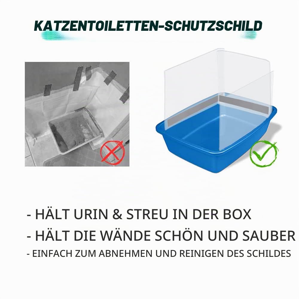 Katzentoiletten Spritzschutz, 3 Stück – Hohe Seitenwände aus PVC, Selbstklebender Katzentoiletten-Schild mit Klettband, Hält Streu und Urinspritzer in der Toilette (Katzentoilette Nicht enthalten)