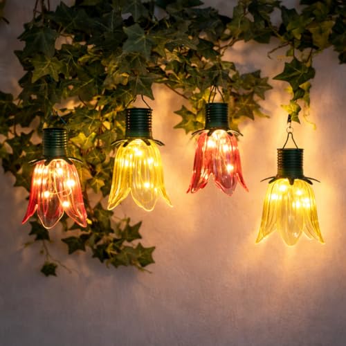 Festive Lights Lot de 4 tulipes solaires d'extérieur - Lanterne à suspendre - Lampes solaires de jardin pour l'extérieur - Décoration de jardin (4 tulipes...