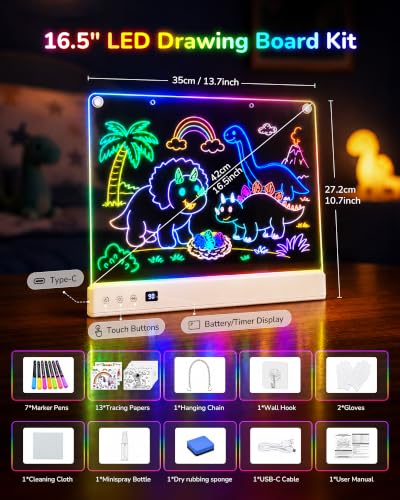 Aullsaty 16.5-Inch LED Drawing Board for Kids, Rechargeable Light Up Dry Erase Board with 16 Light Effects, 7 Markers and Tracing Kit, Birthday or Christmas Gift for Boys and Girls Ages 3-12 - image 2