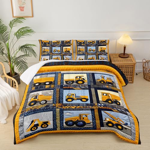 Image of Kids Excavator Comforter Set Twin,Boys Construction Bedding Set,Yellow Vehicles Excavator Tractor Print Bedding Set,Soft Microfiber Cartoon Truck Quilt Set for Room Decor