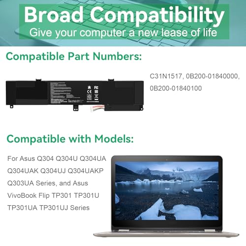 Image of ASUNCELL C31N1517 Laptop Battery Compatible with ASUS VivoBook Flip Q304 Q304U Q304UA Q304UAK Q304UJ Q303UA Q304UAKP TP301 TP301U TP301UA TP301UJ 0B200-01840000 0B200-01840100 11.55V 55Wh