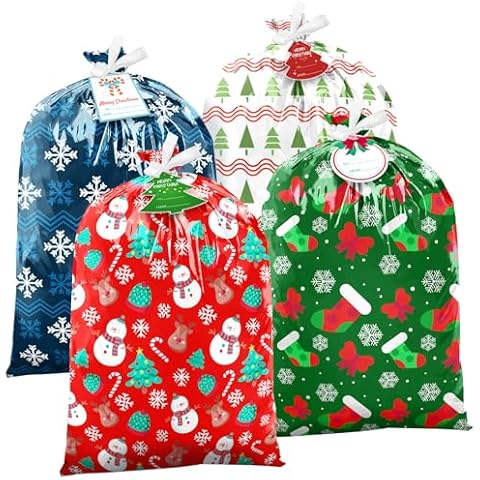 EverMerry Large Christmas Gift Bags for Christmas Presents，4 Patterns Large Size Plastic Giant Gift Bags for Huge Gifts，Holiday，Christmas, New Year Gift Bags（Reusable Gift Bags with Card & Tie） Cover