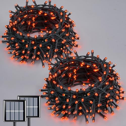 QITONG Solar alloween String Lights 2 Pack Each 66ft 200 LED Orange led Lights Outdoor Waterproof Green Wire Twinkle Light with 8 Modes for Outside