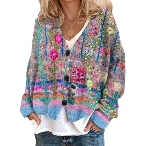 Akivide Women's Colorful Floral Print Long Sleeve Cardigan Casual Loose Open Front Button Down V Neck Knitted Coat Outwear