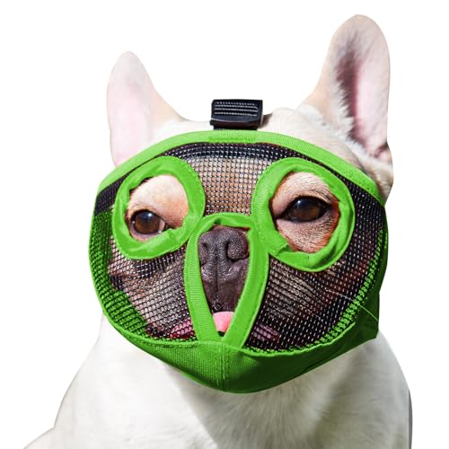 Image of Short Snout Dog Muzzles- Adjustable Breathable Mesh Bulldog Muzzle for Biting Chewing Training Grooming Dog Mask,Green L