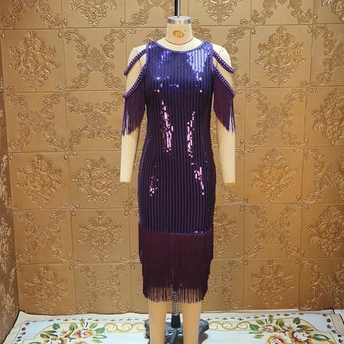 Image of Cololura Sexy Elegant Women Sequin Long Sleeve Tassel Bodycon Midi Dress Party Evening Gown Formal Dress
