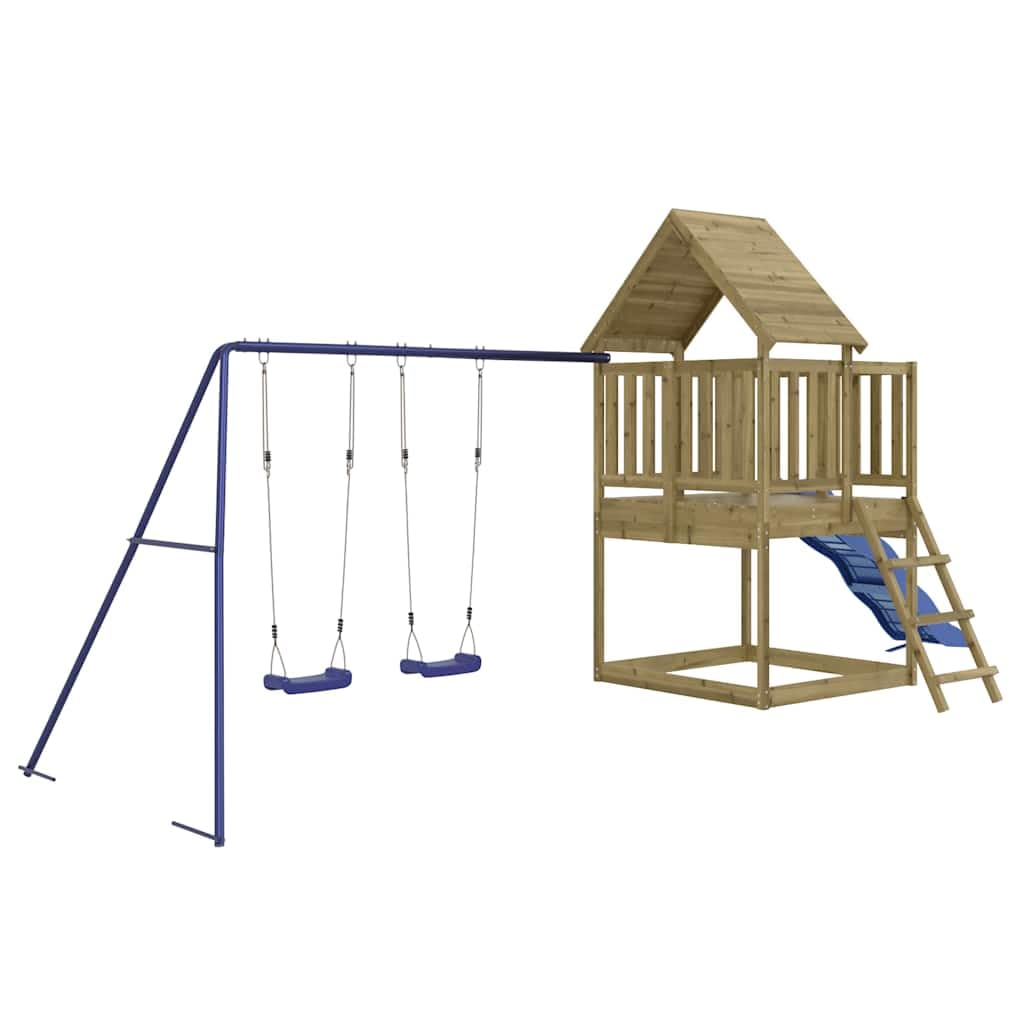 Juego de exterior de madera de pino con tobogán y columpio