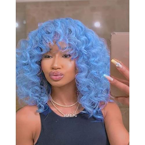 Blue Curly Wigs for Black Women Short Curly Wigs for Women Curly Synthetic Hair Heat Resistant Hair Replacement with Wig Caps (Blue)