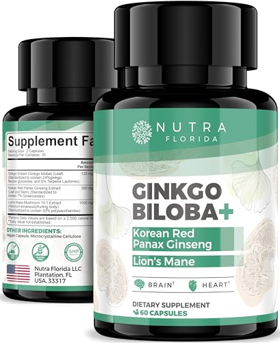 Ginkgo Biloba Supplements 120mg with Korean Red Ginseng 300mg & Lions Mane Mushroom 1000mg Vegetarian Capsules Non-GMO & Gluten Free Natural Brain Supplement for Memory Focus & Cognitive Support