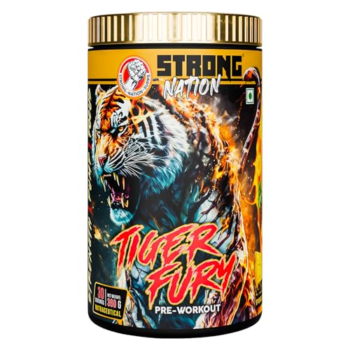 Image of Strong Nation Tiger Fury Pre Workout Powder 360g | High Energy, Pump & Focus Formula | Beta Alanine, L-Citrulline, Creatine & Caffeine | Pre Workout Supplement for Gym Performance (Pineapple)