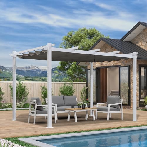 PURPLE LEAF 10' x 13' Outdoor Retractable Pergola Heavy-Duty Aluminum White Pergola with Sun Shade Canopy Patio Modern Shelter for Garden Yard Deck Grape Trellis, Grey