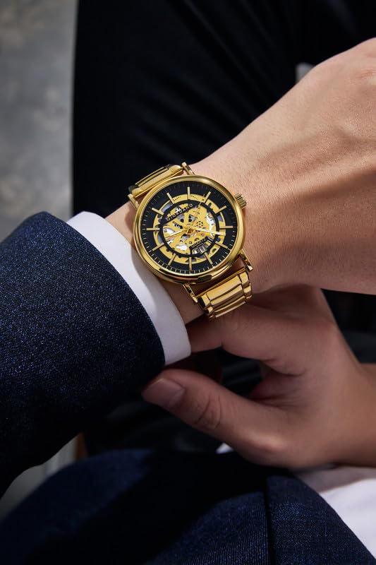 Image of Giordano Analog Quartz Watch for Men with Skeleton Round Dial, Date Function, Luminous Hands and Markers, Leather & Stainless Steel Strap - GZ-50182