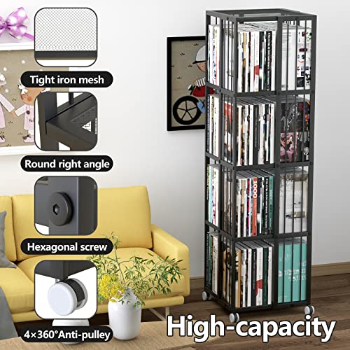 Huhote Rotating Bookcase Black 4 Tiers Metal Bookshelf, 360°Cubic Bookshelf For Small Space With Storage And Creative Multi-Layer Shelves,Magazine&Books For Bedroom Living Room Study And Office #TOP3