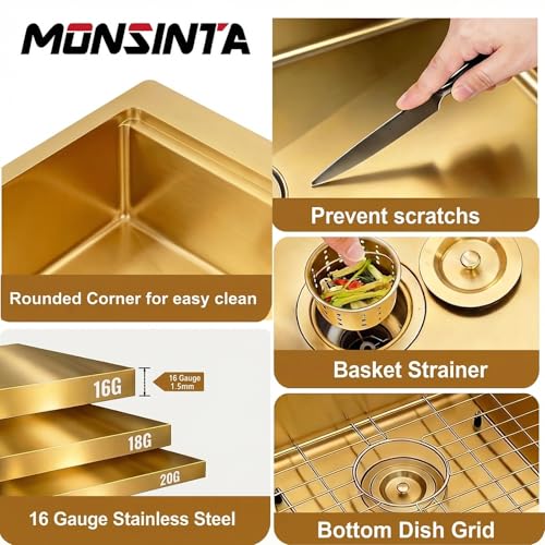Image of Gold Kitchen Sink, 33 inch x 22 inch Drop In Kitchen Sink,16 Gauge Stainless Steel All In One Workstation Sink with Ledge & Accessories, 33 inch x 22 inch x 10 inch Large and Deep Top Mount Kitchen Sinks