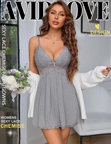 Image of Avidlove Women Chemise Night Gown Lace Modal Sleepwear V-Neck Full Slip Babydoll Lingerie Sexy Nightgowns