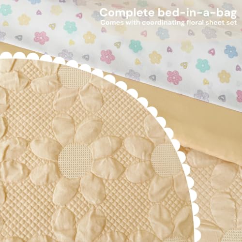Image of Queen Comforter Set for Girls - 7 Pieces Yellow Dasiy Bed in a Bag | Jacquard Floral Queen Bedding Sets, Soft Lightweight Cute Comforter with Printed Sheets, Pillowcases & Shams for All Seasons