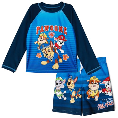 Paw Patrol Toddler Boys Raglan Rash Guard and Swim Trunks Outfit Set UPF 50+ Navy Blue 4T