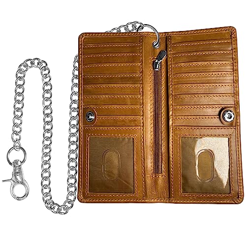 Image of IBRO Long Bifold RFID Blocking Motorcycle Chain Wallet for Men Tan Crunch