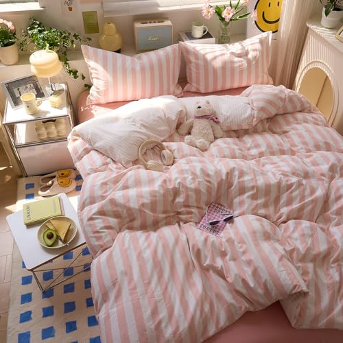Image of EAVD Pink Striped Duvet Cover Twin XL Soft Washed Microfiber Pink White Vertical Striped Bedding Set with 2 Pillowcases Modern Farmhouse Geometric Pattern Duvet Cover with Zipper Closure