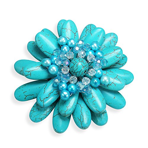Image of AeraVida Floral Pin Water Lily Design with Simulated Turquoise and Cultured Freshwater Pearls Handmade Brooch Nature Inspired Jewelry Gift for Women