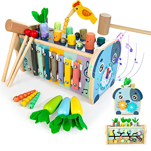 KIDWILL 7 en 1 Juego de Martillo para Niños de Madera Juguetes de Aprendizaje Educativos Montessori para Niños Niñas de 1 2 3 Años Banco con Martillo para Bebés Juguetes de Xilófono Coloridos Pesca