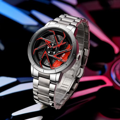 Image of FANMIS Men's Racing Car Wheel Watch 3D Spinning Dial Stainless Steel Watch | Creative 3D Spinning Car Quartz Large Skeleton Face and 30M Water Resistance Designed for Car Fans and Daily Wear.