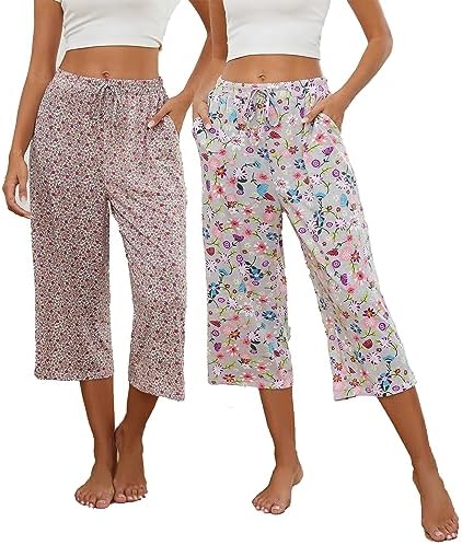 2 Pack Womens Pajama Pants Capri Sleep Lounge Pants Drawstring Pj Bottoms with Pockets