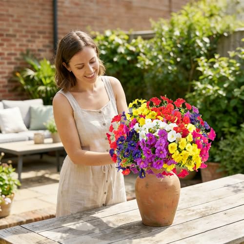 Image of 12 Bundles Artificial Flowers for Outdoors, Silk Morning Glory Flowers(Mix) | UV Resistant Fake Eucalyptus Plants for Spring Summer Garden Patio Home Outdoors Decor