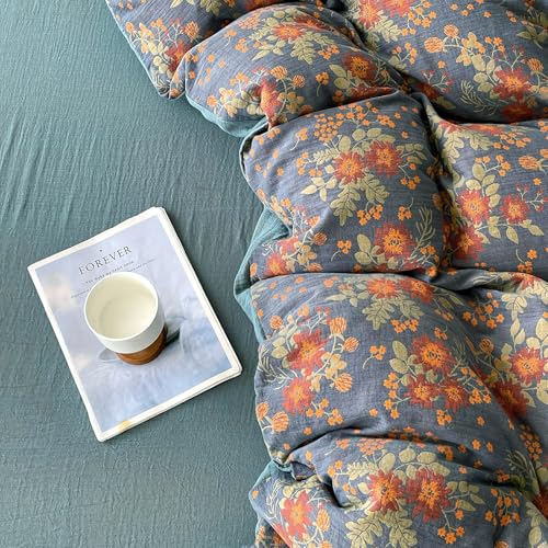 Image of VM VOUGEMARKET Rustic Double Layer Gauze Jacquard Duvet Cover Queen, Dusty Slate Blue with Retro Orange Floral Print, Soft Breathable Boho Comforter Cover with Zipper&Ties