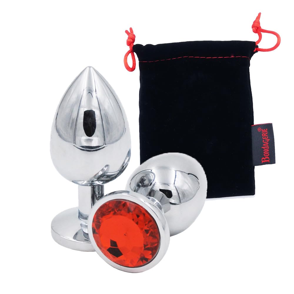 BONDAGERIE® Plug Anale Sextoy italiano 100% Sicuro dilatatore uomo donna con gioiello rosso in metallo e sacchetto, Taglia S