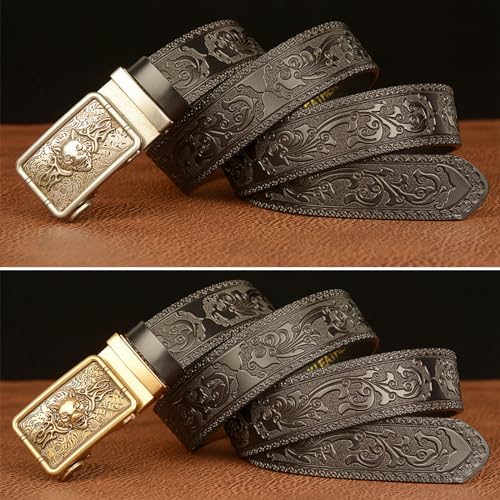 Leather Belt for Men, Mens Belt Ratchet Western Cowboy with Wolf Head Square Alloy Buckle Embossed Belt4