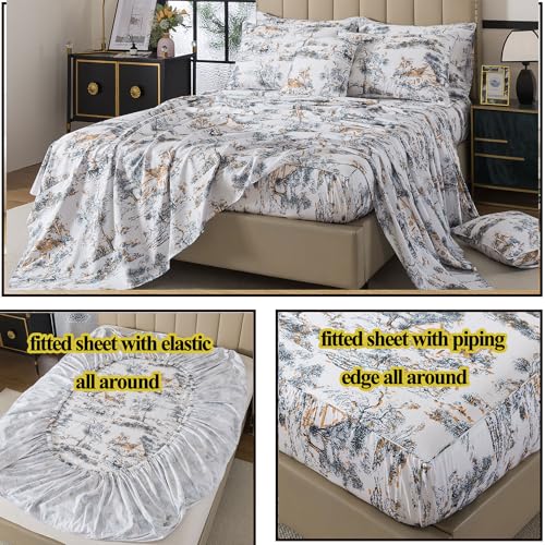 Image of FADFAY Toile Sheets Set King 100% Egyptian Cotton French Country Toile de Jouy Bedding Classic Black and Gold Floral Bed Sheets Shabby Farmhouse Bedding Breathable Soft Deep Pocket 4Pcs, King Size