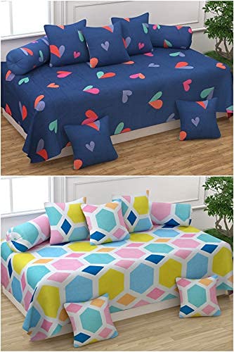 Microfiber Unique Patterns Combo of 2 Diwan Set Covers 8 Pcs Set |2 diwan bedsheet, 10 Cushion Covers, 4 Bolster Covers| (Blue Heart & MultiCubes)-image-25