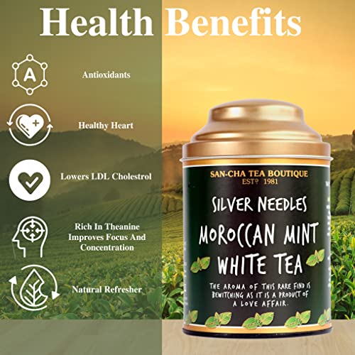 Image of Sancha Tea Boutique, Moroccan Mint White Tea, 75g Silver Needle White Tea Buds, Blended with Spearmint Leaves, Herbal Tea for PCOS & PCOD
