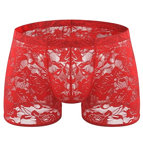 Walang Bequeme Seidenunterwäsche für Männer Atmungsaktive Trunks Sexy Transparente Spitze Boxershorts Briefs (DE/NL/SE/PL, Alphanumerisch, Einheitsgröße, Regular, Regular, Rot)