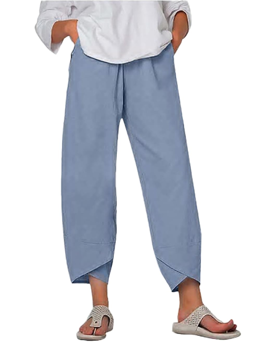 Zhyaj Capris Pants for Womens Cotton Linen Wide Leg Plus Size Cropped Pants Print Comfy Elastic Waist Sweatpants