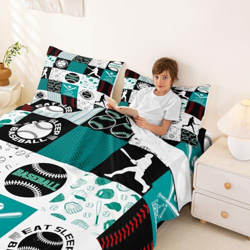 Image of Castle Fairy Baseball Bed Sheet 4 Piece,Patchwork Baseball Sheets Full Size Bed Set,Sports Geometric Grid Green Bedding Set with Flat,Fitted Sheet,2 Pillow Cases