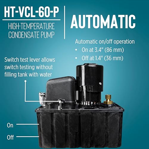 Image of Little Giant HT-VCL-60-P 1 /3 HP, 115-Volt, 575 GPH, 62-Ft. Shutoff, High Temperature Plenum Condensate Pump with 14-Ft. Lead Wires, Black, 553160101