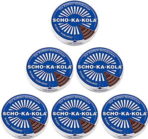 Milk Chocolate SCHO-KA-KOLA with natural Caffeine from Cocoa, Cola-Nut-Powder and Coffee 6 tins x 100 g/Germany