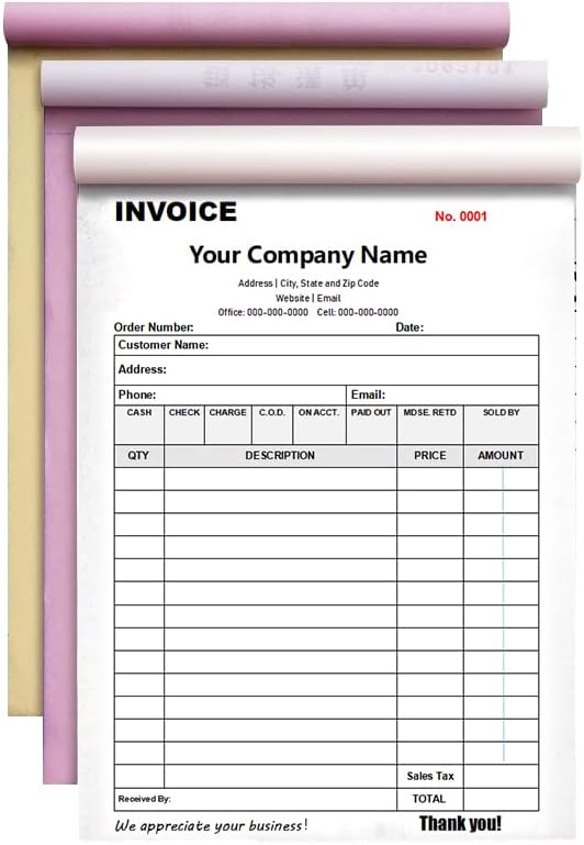 Amazon.com : Kirinboy Custom Carbonless Invoice Forms 3-Part /2-Part ...