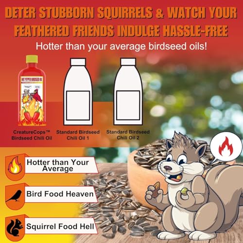 CreatureCops™ Spicy Squirrel Seed Sauce | All-Natural & Squirrel-Resistant Hot Pepper Bird Seed Oil | Flaming Hot Sauce Hotter Than Pre-Spiced Birdseed | Seasons >60lb per 16oz Bottle - Image 5