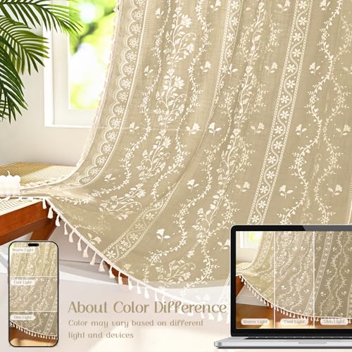 Image of Yinhua Boho Curtains for Living Room 84 Inch Length Vintage Linen Natural Curtains for Bedroom Light Filtering Floral Window Curtain Rod Pocket & Back Tabs Farmhouse Rustic Tassel Drapes with Tiebacks