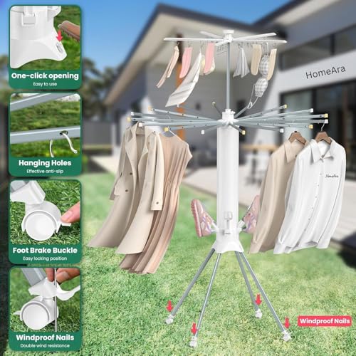 Image of Carbon Steel Clothes Drying Rack 2026 Upgrade 4-Legged 3Tier Foldable Laundry Rack with 4 Pulleys 20 Clips 6 Shoe Dryers 16Drying Rods for Indoor /Outdoor Camping Poolside Space Saving (White)