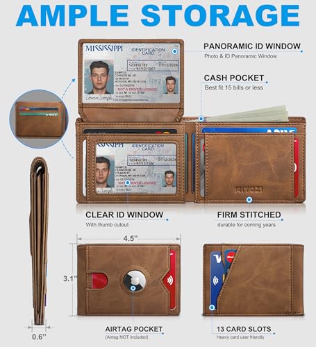 Image of miyozi AirTag Wallet for Men, Slim Leather Bifold with Holder Slot, 2 ID Windows & 13 Card Slots, RFID Blocking Front Pocket Wallet with Gift Box