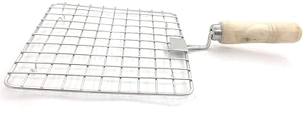 NewQ Kitchenware Stainless Steel Square Roaster Tandoor Barbeque/Roti/Papad Jali Griller with Wooden Handle (Silver)