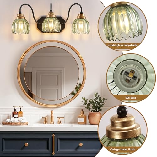 Image of Vintage Gold Bathroom Light Fixtures,3 Light Green Tulip Crystal | Brushed Gold Vanity Lights,Matte Antique Brass Finish, Mid Century Style,Wall Sconces for Bedroom,Hallway,Easy to Install