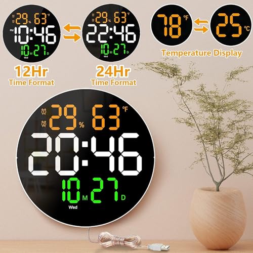 Image of 10 inch Digital Wall Clock, Digital Clock Large Display, Dual Alarms, Automatic Brightness Dimmer- Easy Track The Time, Date, Day of Week and Temperature, with Remote Control (10 inch 10 inch Round Flag)
