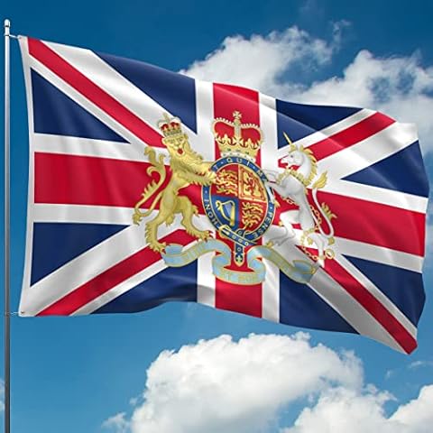 Union Jack Flag (United Kingdom, British, UK) - 110Den Thick polyester - Digital Print - Double Seam - 2 brass eyelets, large 5ft x 3ft with Royal Coat of Arms Cover