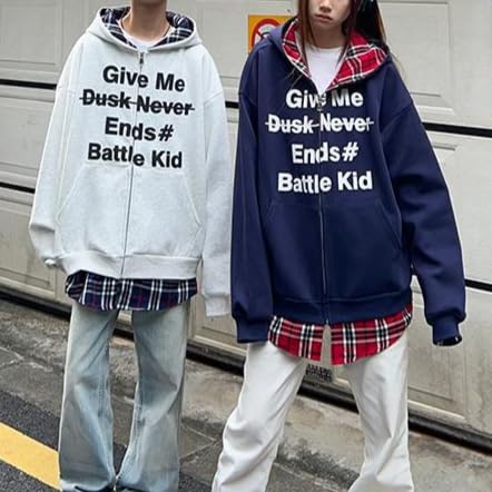 Unisex Full Zip Cardigan Hoodie Vintage Letter Graphic Oversized Fake Two Pieces Hoodie for Couple Streetwear3